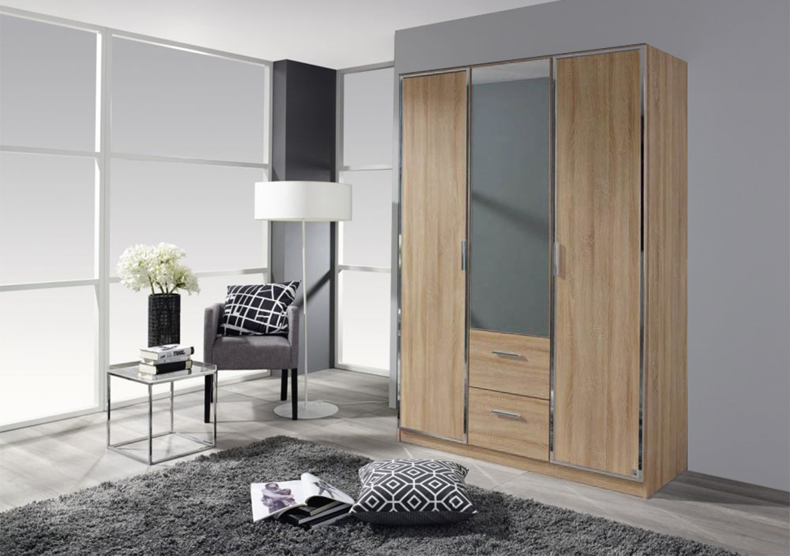 3 Door 2 Drawer Mirrored Robe (Oak / White / Grey) 