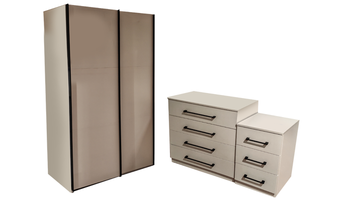 2 Door Sliding Robe, 4 Drawer Chest & 3 Drawer Bedside