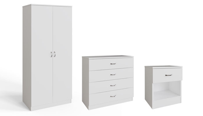 Fws Promo Bedroom Package In White - 2 Door Robe, Chest Of Drawers & Bedside