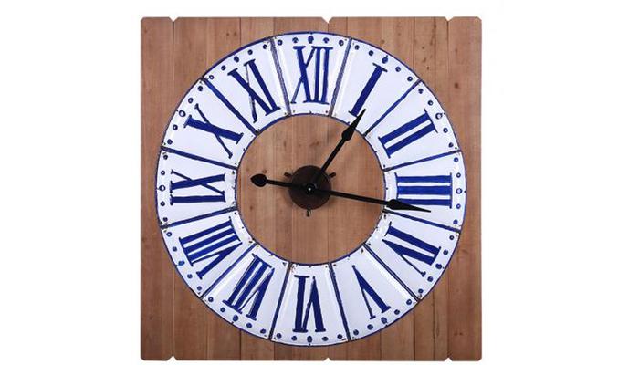 Square Blue & White Clock on Wooden Panelling